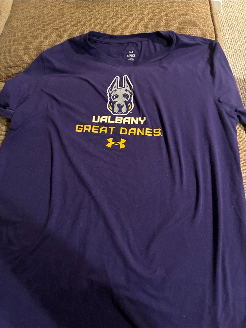 Under Armour Purple UAlbany Great Danes Logo Tee with Yellow Accents